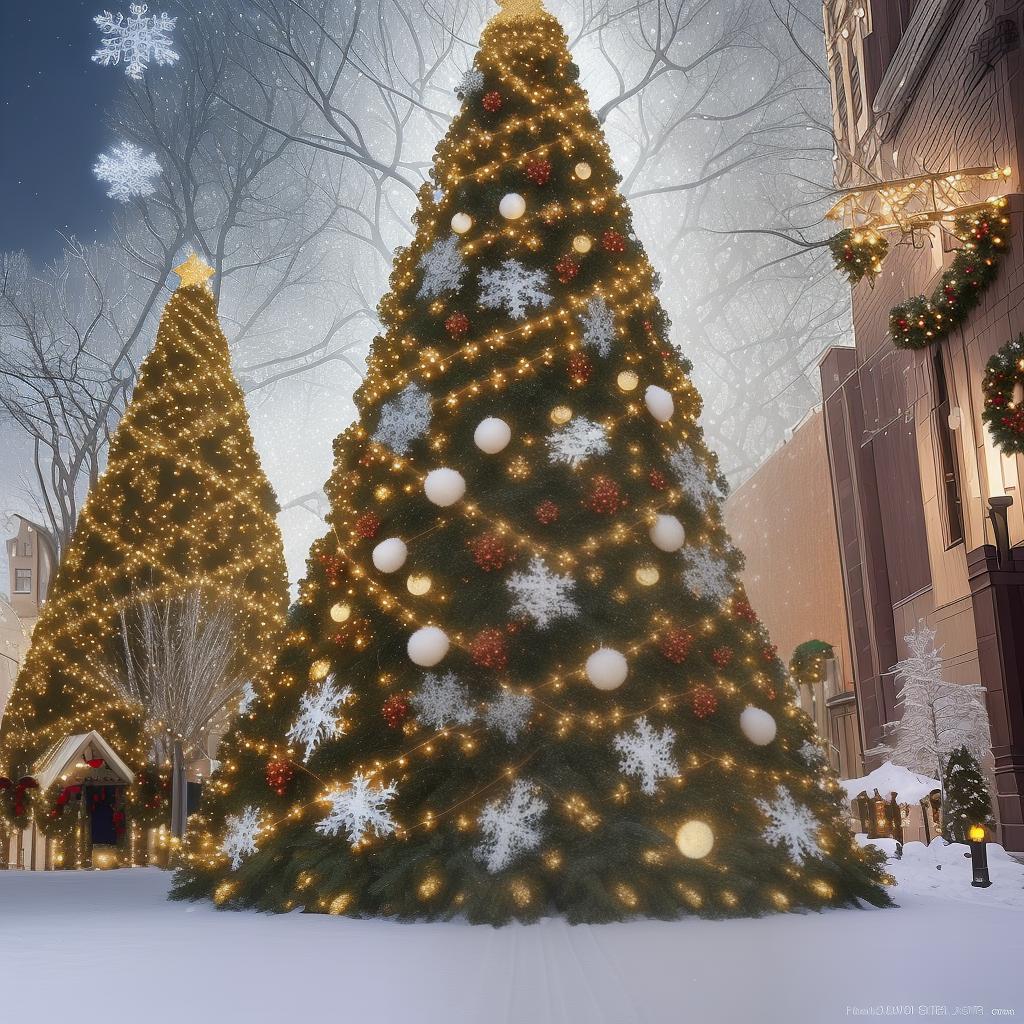  design a festive background with snowflakes, christmas trees, and twinkling lights.