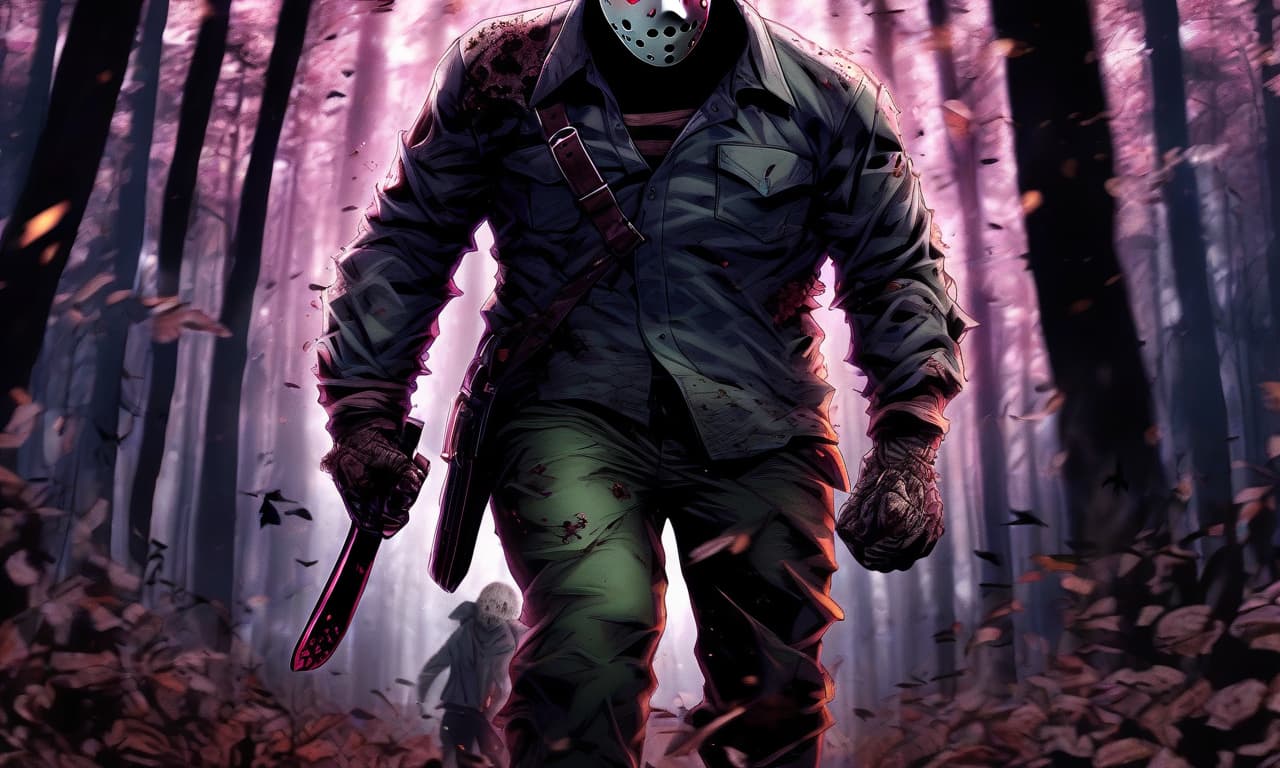  anime artwork jason voorhees is walking through the woods . anime style, key visual, vibrant, studio anime, highly detailed