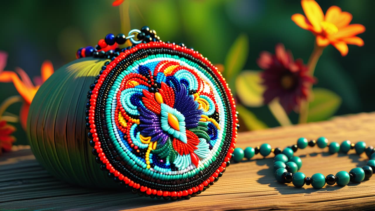  a vibrant native american beaded necklace, intricately designed with colorful patterns, lies on a rustic wooden table. sunlight glints off the beads, highlighting their textures and the cultural symbols they represent. hyperrealistic, full body, detailed clothing, highly detailed, cinematic lighting, stunningly beautiful, intricate, sharp focus, f/1. 8, 85mm, (centered image composition), (professionally color graded), ((bright soft diffused light)), volumetric fog, trending on instagram, trending on tumblr, HDR 4K, 8K