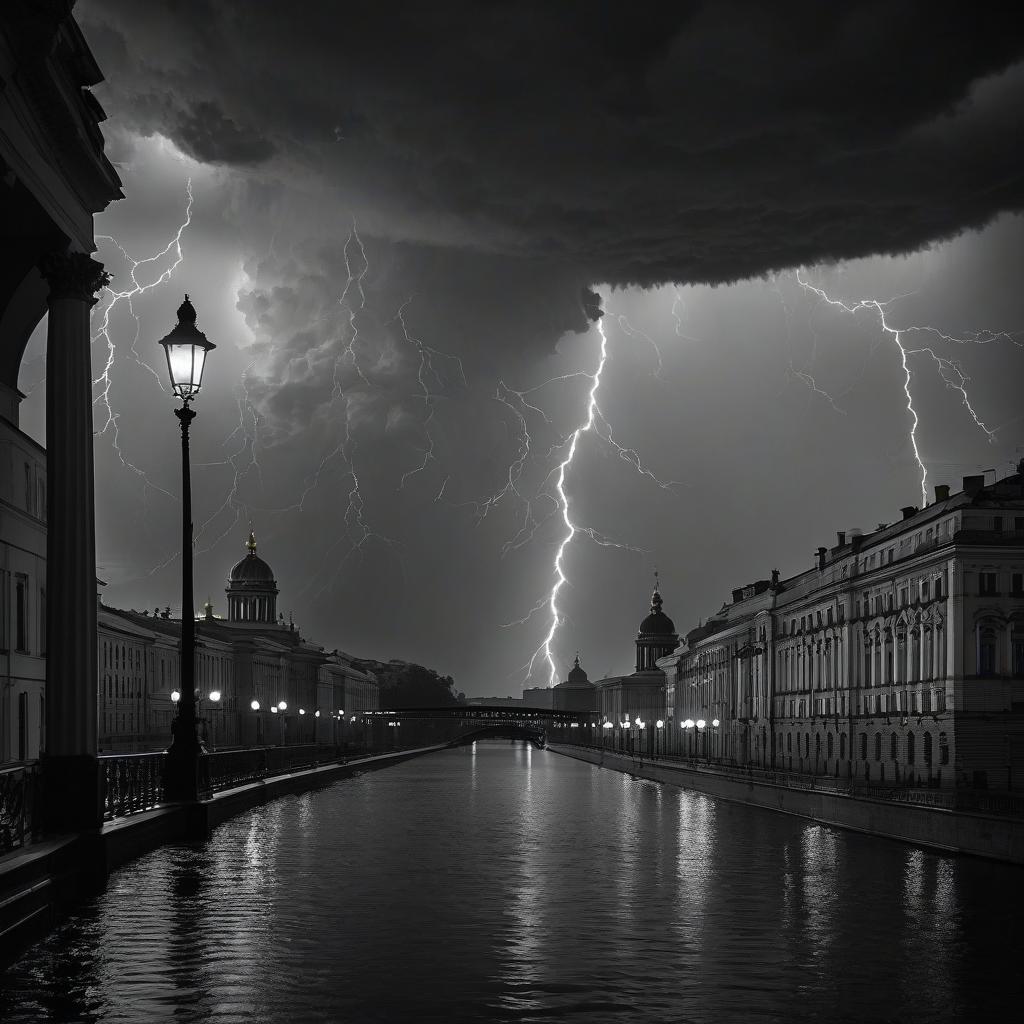  film noir style a thunderstorm over fantastic st. petersburg. . monochrome, high contrast, dramatic shadows, 1940s style, mysterious, cinematic