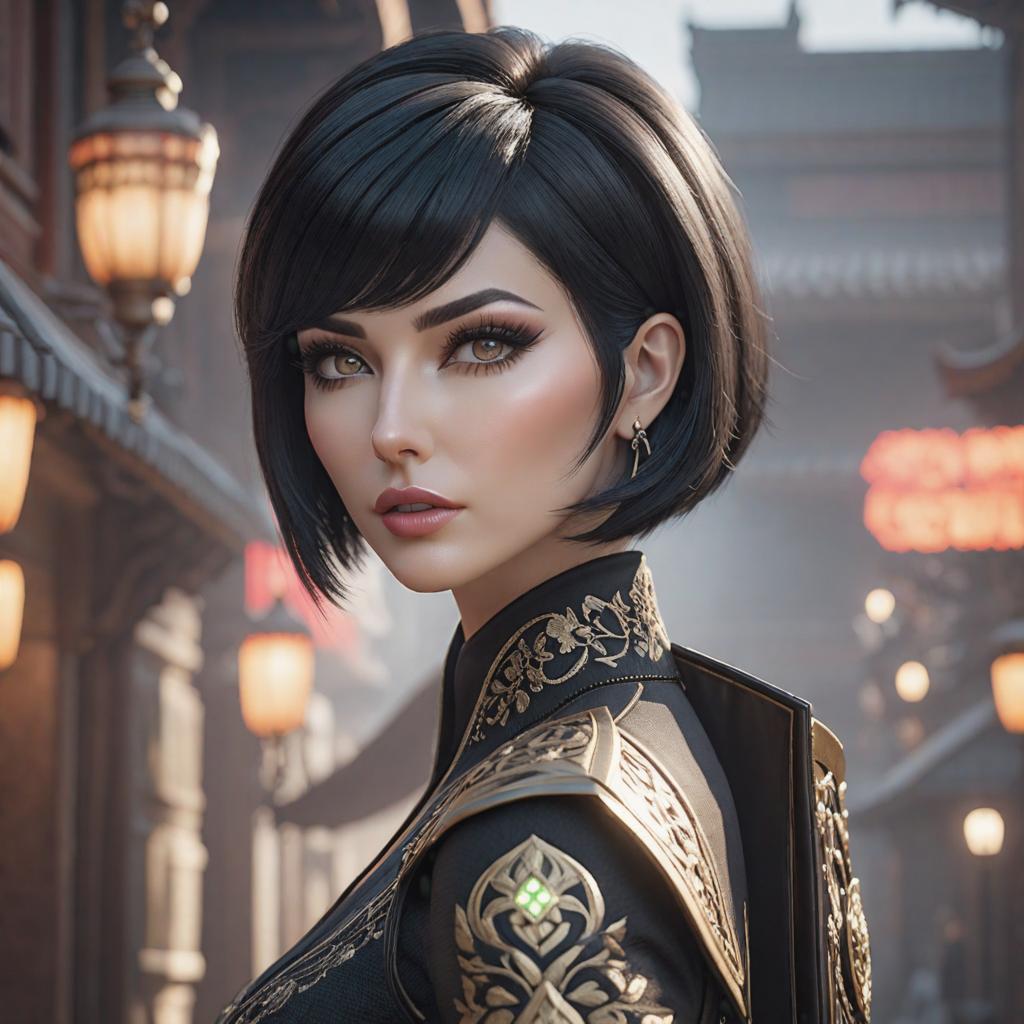   , caucasian, short black hair, small , big , ((video game)) hyperrealistic, full body, detailed clothing, highly detailed, cinematic lighting, stunningly beautiful, intricate, sharp focus, f/1. 8, 85mm, (centered image composition), (professionally color graded), ((bright soft diffused light)), volumetric fog, trending on instagram, trending on tumblr, HDR 4K, 8K