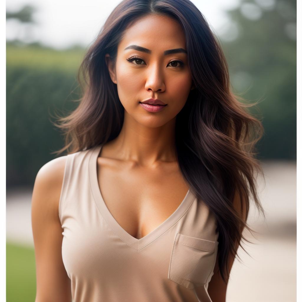  (((realistic full torso frontal head shot of a light tan skin tone woman))), eri mana fujita, ((japanese heritage)), immature face, green eye color, ((long hair style)), (( hair color)), ((skinny body type)), medium size, athletic size, (immature broad flat nose), (immature rounded cheeks), (immature soft jawline), (immature full lips), (immature prominent forehead), (immature even eyebrows), (immature slightly rounded chin), standing straight looking directly into the camera,((wearing fitted polo shirt with deep v neck and monogrammed pocket)), backyard in background, 1, best quality, highest quality, award winning photo, masterpiece, raw, professional photography, photorealism, sharp focus, cinematic, high res hyperrealistic, full body, detailed clothing, highly detailed, cinematic lighting, stunningly beautiful, intricate, sharp focus, f/1. 8, 85mm, (centered image composition), (professionally color graded), ((bright soft diffused light)), volumetric fog, trending on instagram, trending on tumblr, HDR 4K, 8K