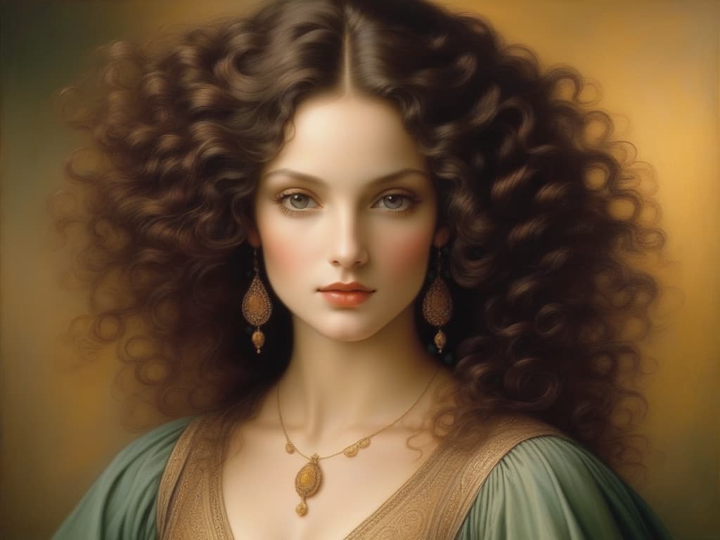  naturally beautiful ethereal devoted woman with dazzling curly hair, she is highly compasionate and conscious, leonardo da vinci style ambience and lighting