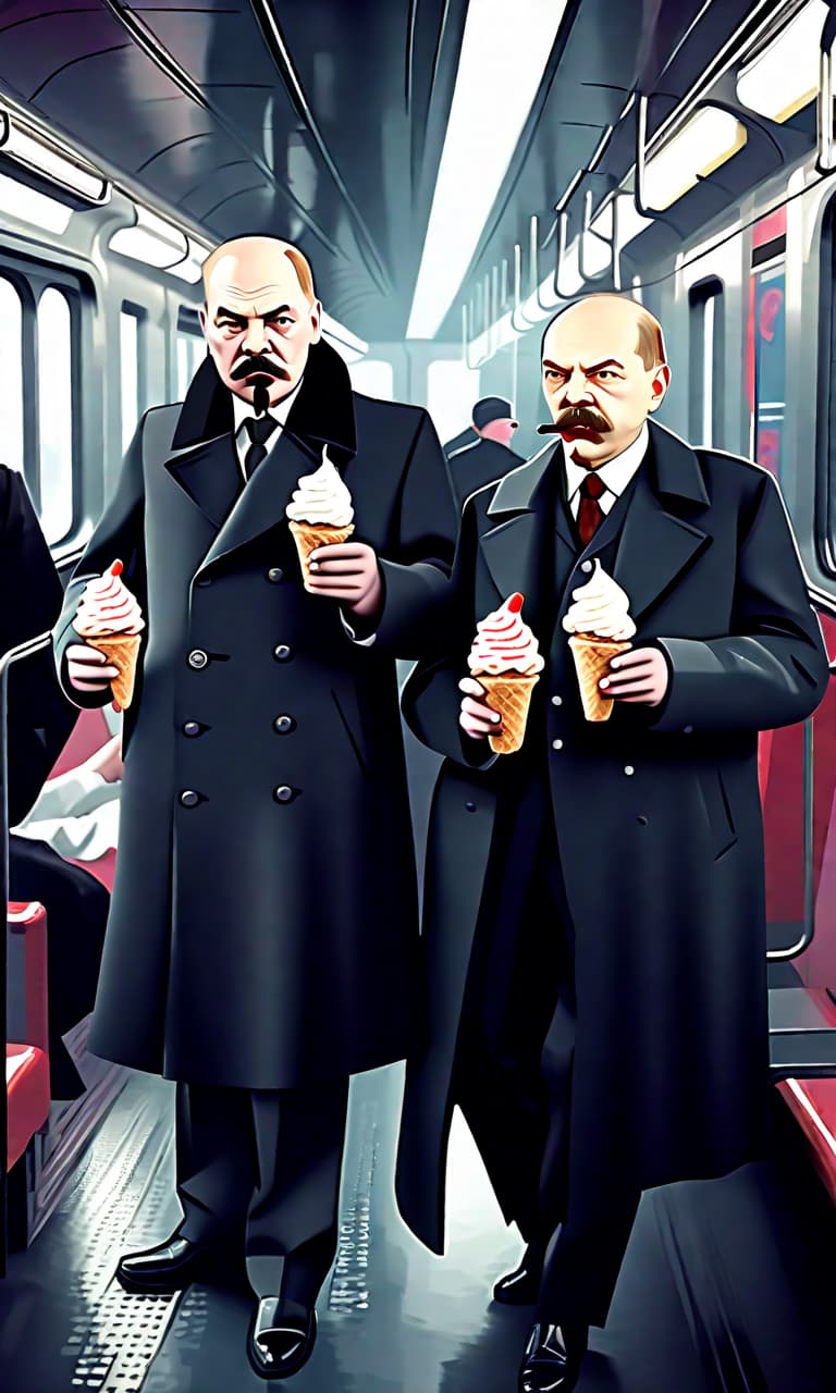  techwear fashion stalin and vladimir ilyich lenin in costumes of the early 20th century eat ice cream on the train. . futuristic, cyberpunk, urban, tactical, sleek, dark, highly detailed