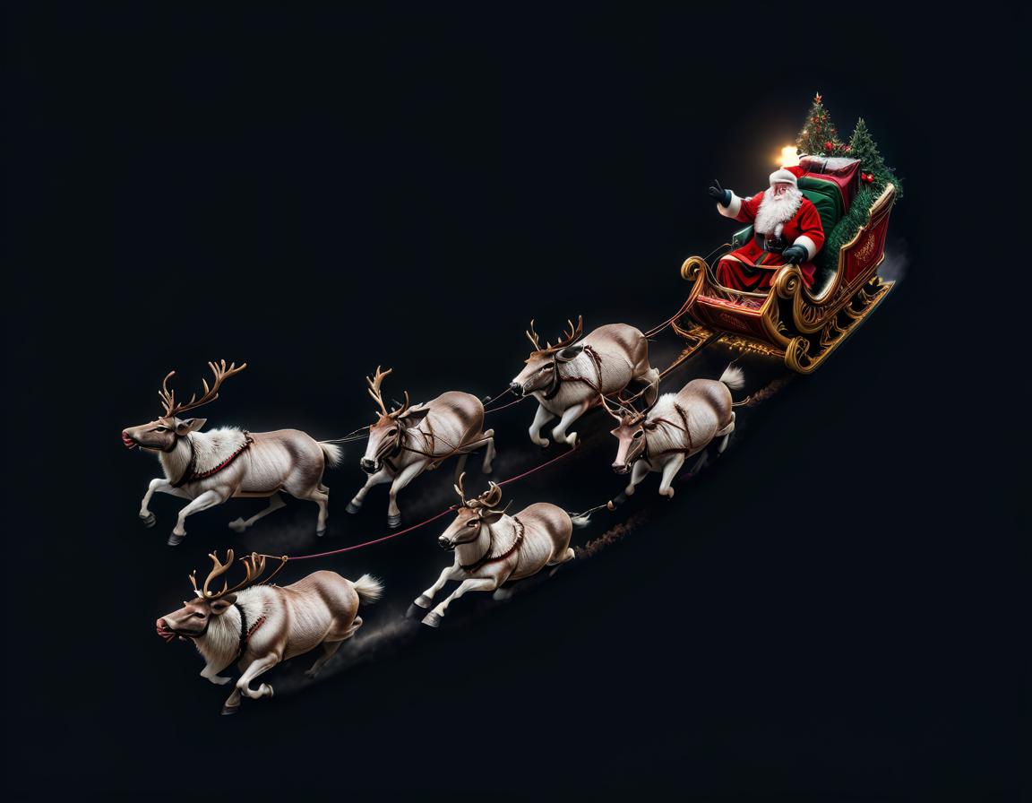  breathtaking christmas, santa is riding in a sleigh pulled by a herd of reindeers . award winning, professional, highly detailed, civitai hyperrealistic, full body, detailed clothing, highly detailed, cinematic lighting, stunningly beautiful, intricate, sharp focus, f/1. 8, 85mm, (centered image composition), (professionally color graded), ((bright soft diffused light)), volumetric fog, trending on instagram, trending on tumblr, HDR 4K, 8K