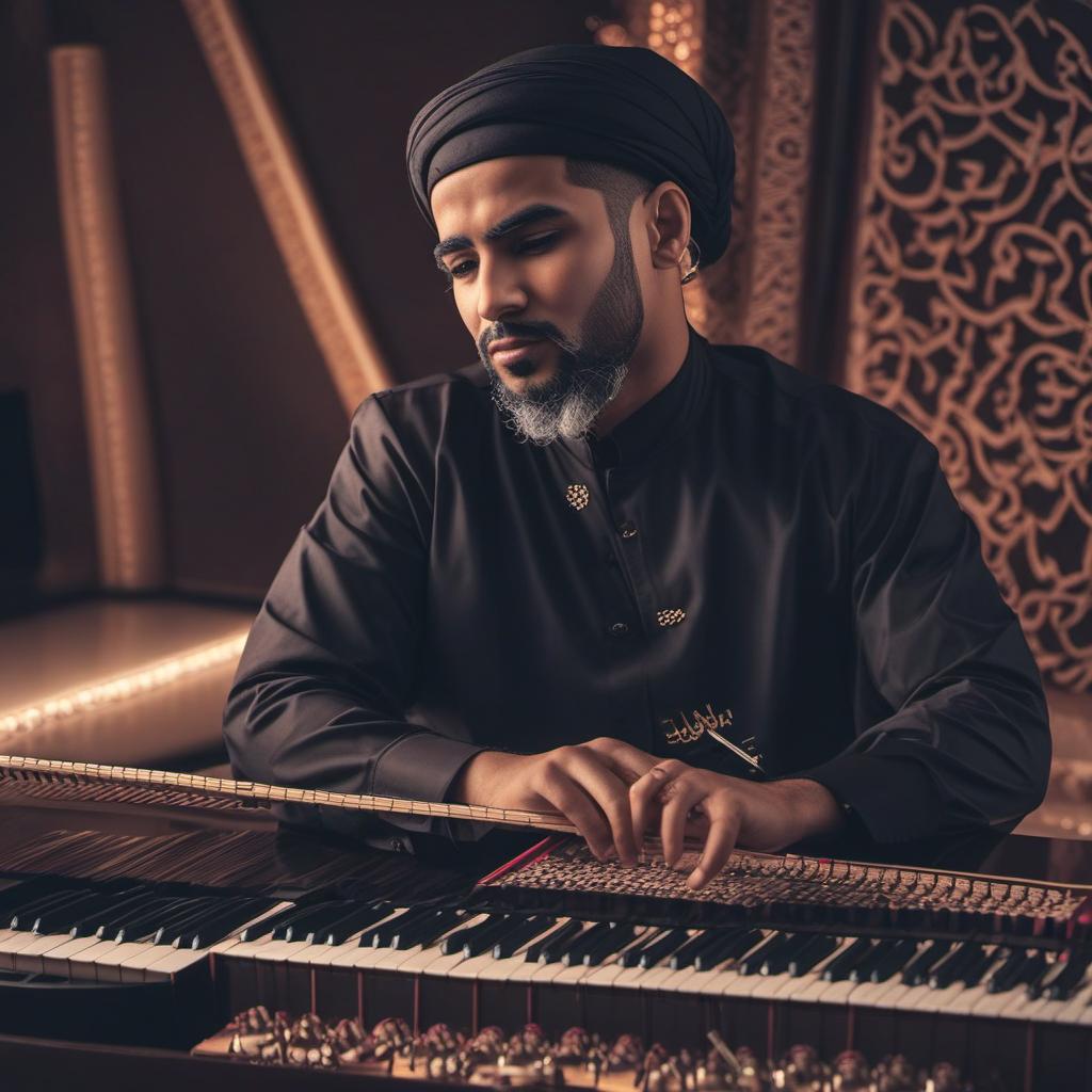  a qatari guy wearing traditional clothes (thob ghitrah and aiqal) creates new modern music using a oud and piano with a modern background, cyberpunk style