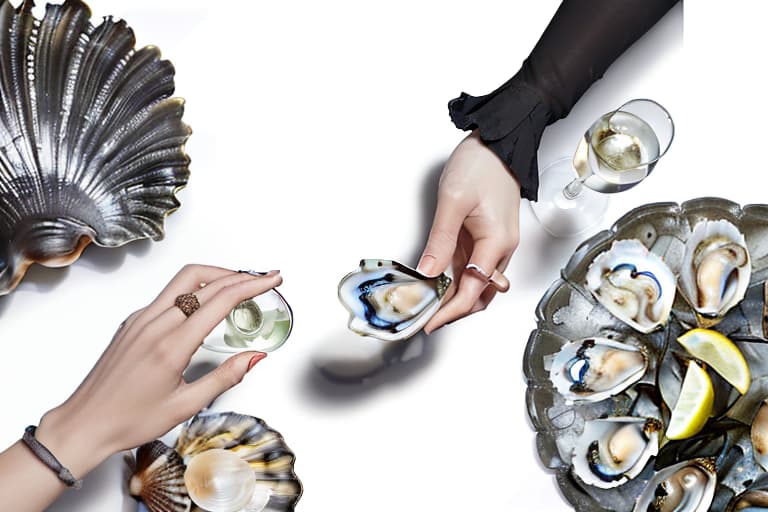  real photo, 4k resolution, on the black table there are dishes in the form of shells, a dish with mussels and women's hands, next to glasses of champagne