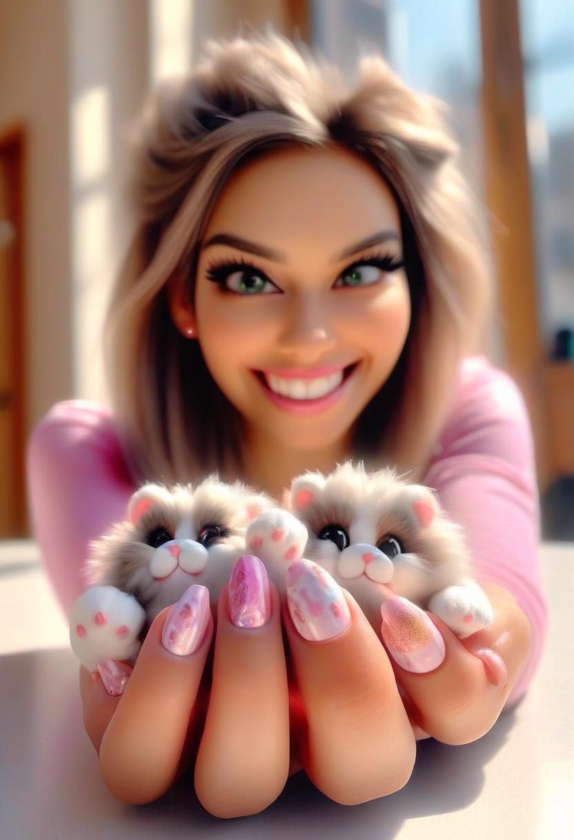  cute young woman with fluffy paws as hand and pinky claws at nail design studio, perfect hands, perfecteyes