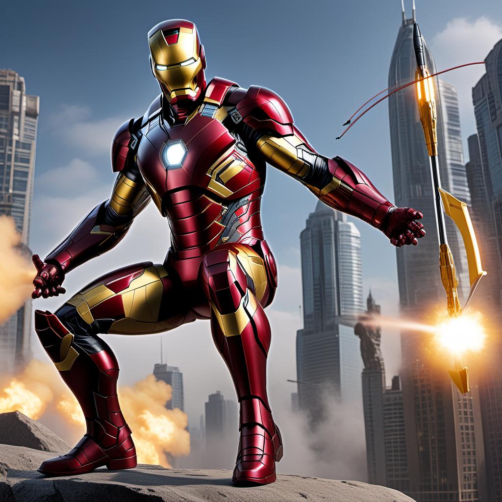  A highly detailed comic-style character design combining Iron Man and Hawkeye. The character should merge Iron Man's advanced, high-tech suit with Hawkeye's precise archery skills and tactical gear. Integrate features like Iron Man's armored plating, repulsor technology, and sleek design with Hawkeye's bow, arrows, quiver, and visibility enhancements like his visor or glasses. The character should be in a dynamic, battle-ready pose, showcasing both Iron Man's technological prowess and Hawkeye's expertise in archery and precision. The background can be a futuristic cityscape or battlefield. hyperrealistic, full body, detailed clothing, highly detailed, cinematic lighting, stunningly beautiful, intricate, sharp focus, f/1. 8, 85mm, (centered image composition), (professionally color graded), ((bright soft diffused light)), volumetric fog, trending on instagram, trending on tumblr, HDR 4K, 8K