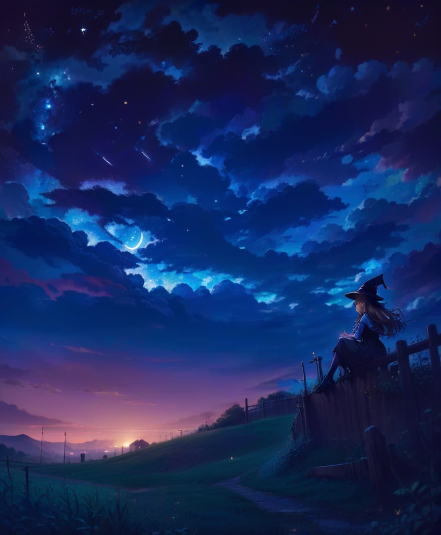  anime artwork night landscape, starry sky, dark, meadow at the bottom of the frame, witch in the right corner of the frame, sitting with her back to the viewer, sitting on a fence, magic, witchcraft, surrealism, magic wand . anime style, key visual, vibrant, studio anime, highly detailed, civitai, oil painting