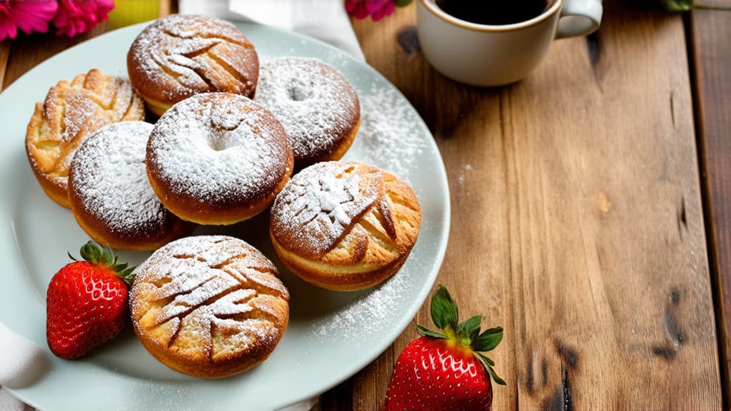  plate of pastries next to a cup of coffee, photo on a wooden table, flowers and strawberries, powdered sugar, donut, profile picture, cozy, lots of details ar 16:9 {prompt}, maximum details