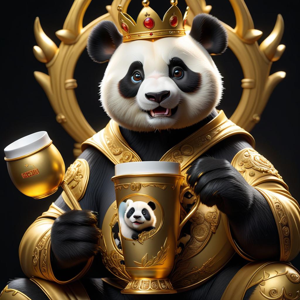  create a golden colored picture in the center of a cartoon brutal panda with a crown on its head holding a cup in its paws on a black background hyperrealistic, full body, detailed clothing, highly detailed, cinematic lighting, stunningly beautiful, intricate, sharp focus, f/1. 8, 85mm, (centered image composition), (professionally color graded), ((bright soft diffused light)), volumetric fog, trending on instagram, trending on tumblr, HDR 4K, 8K