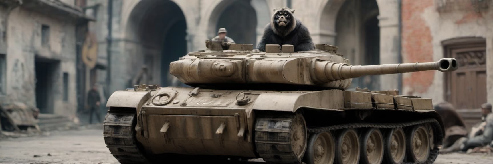  cinematic photo generate a german tiger 1 tank as similar as world war ii on a ruined street. add a gorilla on a tank. add a monkey sitting on a tank. now make her sit on the tank . 35mm photograph, film, bokeh, professional, 4k, highly detailed