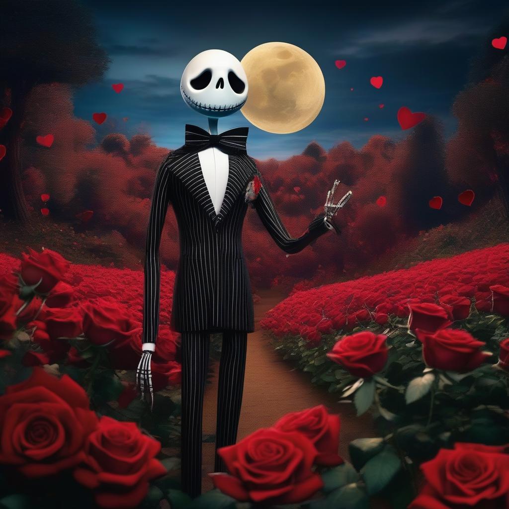  The Nightmare Before Friday the 13th, Jack Skellington and Sally is with showing affection, a Valentine love fest, roses, hearts, night sky with moon in the background , style of Tim Burton, stop motion animation, depth of field, cinematic composition, ((masterpiece)), best quality, very detailed, high resolution, sharp, sharp image, extremely detailed, 4k, 8k