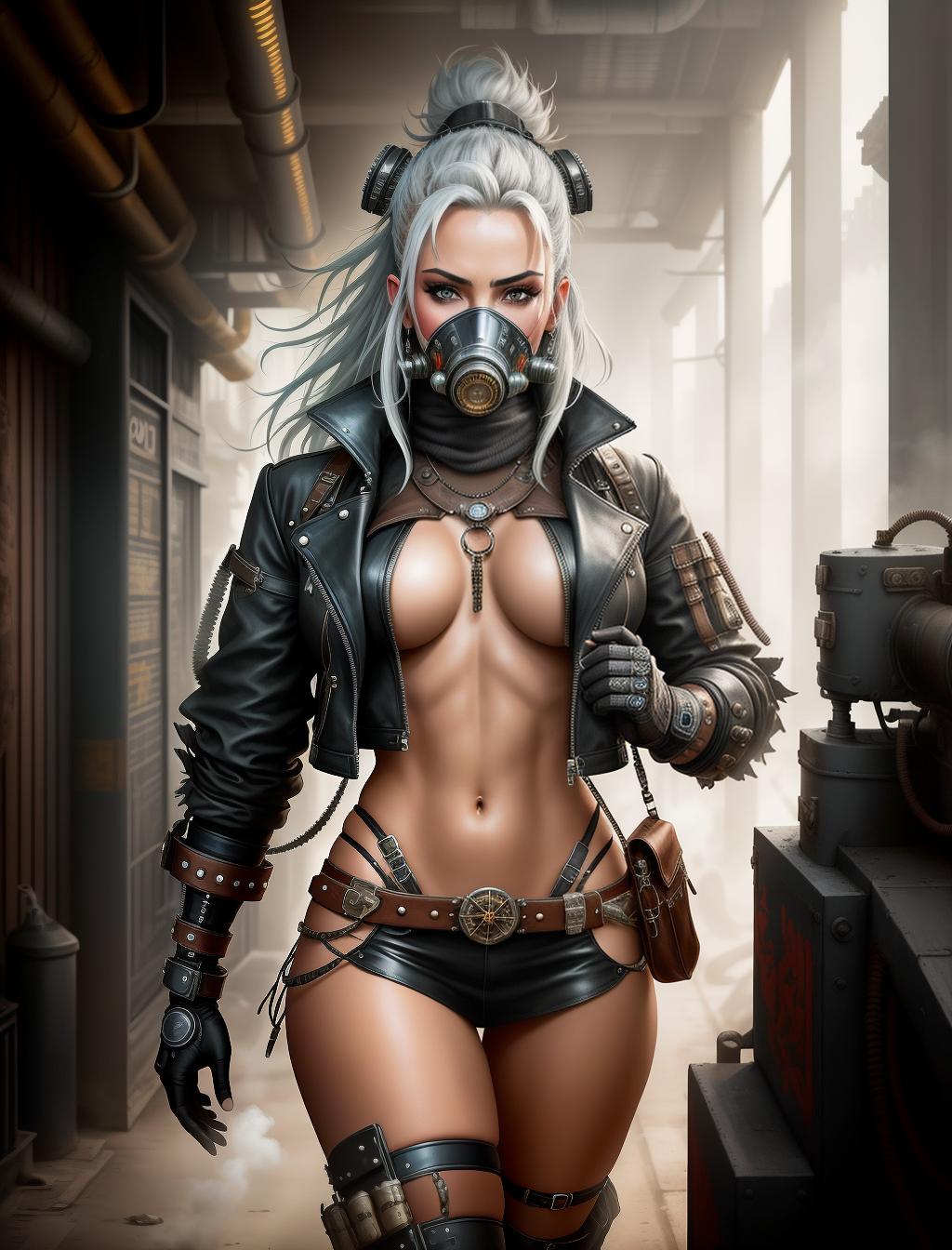  Create a captivating fusion of steam-powered aesthetics and punk culture by capturing a detailed image of an individual donning a gas mask. Infuse the artwork with element hot , of cyberpunk inspired by the renowned artist Luis Royo. Incorporate a futuristic depiction of a Himba age , blending her traditional attire with techwear fashion. Capture a striking photograph of a woman adorned in advanced technological garments from the year 2020. Include a young dressed in steampunk attire, evoking a sense of nostalgia for the industrial Victorian era. Craft an image reminiscent of the intense and dystopian style showcased in Mad Max: Fury Road. Feature a cyborg with rous silver hair adorned with a headdress craft hyperrealistic, full body, detailed clothing, highly detailed, cinematic lighting, stunningly beautiful, intricate, sharp focus, f/1. 8, 85mm, (centered image composition), (professionally color graded), ((bright soft diffused light)), volumetric fog, trending on instagram, trending on tumblr, HDR 4K, 8K