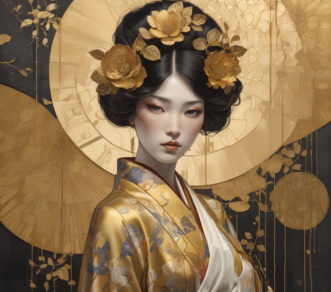  concept art a mystical artwork with a female figure adorned with floral headpiece and golden attire, exuding an ethereal, otherworldly charm. imagine an intricately detailed image of a steampunk geisha, her vivid eyes with a dreaming look sparkle beneath long lashes. she is dressed in a gossamer silk kimono, embodying high contrast and decorative designs reminiscent of the art deco era. the portrait seamlessly integrates a mixed media collage approach for added dimension and texture. it pays homage to the flat, decorative patterns and vivid, unnatural colors championed by the symbolist movement (gustav klimt) and pre raphaelite (botticelli) artists, rendered with the depth and richness of oil painting. elements of kintsugi, using gold and 