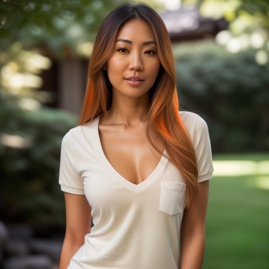  (((realistic full torso frontal head shot of a light tan skin tone woman))), hitomi yuki fujii, ((japanese heritage)), immature face, brown eye color, ((long hair style)), ((orange hair color)), (( body type)), flat size, size, (immature straight slender nose), (immature prominent cheeks), (immature soft jawline), (immature medium lips), (immature high forehead), (immature even eyebrows), (immature pointed chin), standing straight looking directly into the camera,((wearing fitted polo shirt with deep v neck and monogrammed pocket)), backyard in background, 1girl, best quality, highest quality, award winning photo, masterpiece, raw, professional photography, photorealism, sharp focus, cinematic, high resolution,  hyperrealistic, full body, detailed clothing, highly detailed, cinematic lighting, stunningly beautiful, intricate, sharp focus, f/1. 8, 85mm, (centered image composition), (professionally color graded), ((bright soft diffused light)), volumetric fog, trending on instagram, trending on tumblr, HDR 4K, 8K