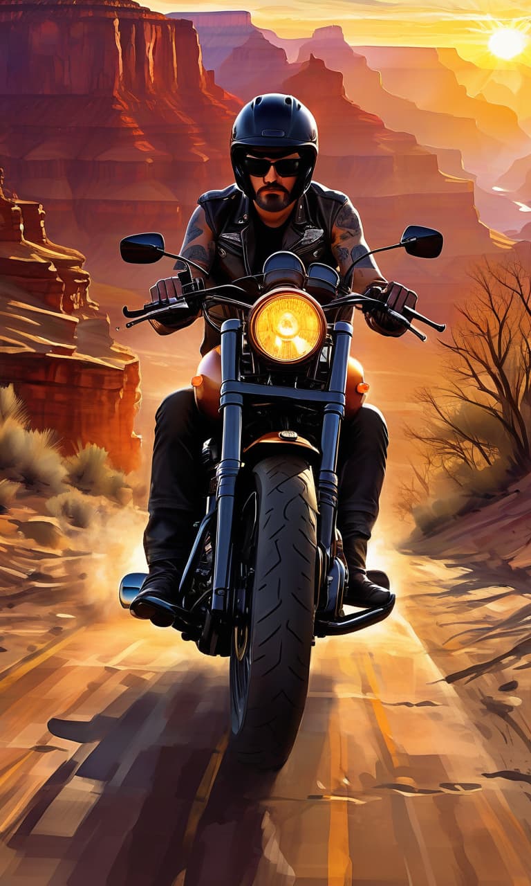  a masterpiece of digital art. close to us, a lonely (harley davidson sportster iron 883:1.3) motorcycle slowly moves along the road to the horizon, a view from the rear of the motorcycle, its headlights are on, it moves towards where the huge sun is at sunset, (around the arizona landscape with views of the grand canyon:1.4), a wonderful landscape of (digital painting with strokes of watercolor paints:1.3)