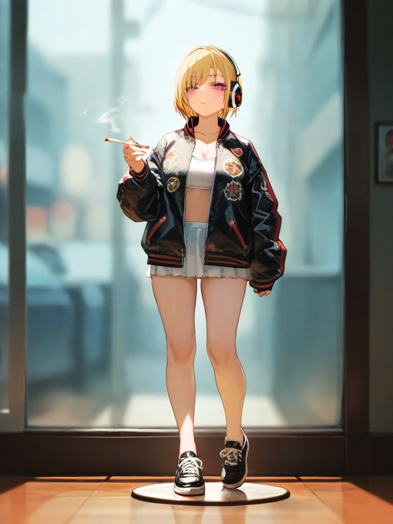  a girl who smokes cigarettes, a girl wearing a cigarette, a girl wearing headphones, a girl in blonde bob cut, whole body, souvenir jacket, black jacket, maid cosplay, standing figure, masterpiece, best quality,8k,ultra detailed,high resolution,an extremely delicate and beautiful,hyper detail