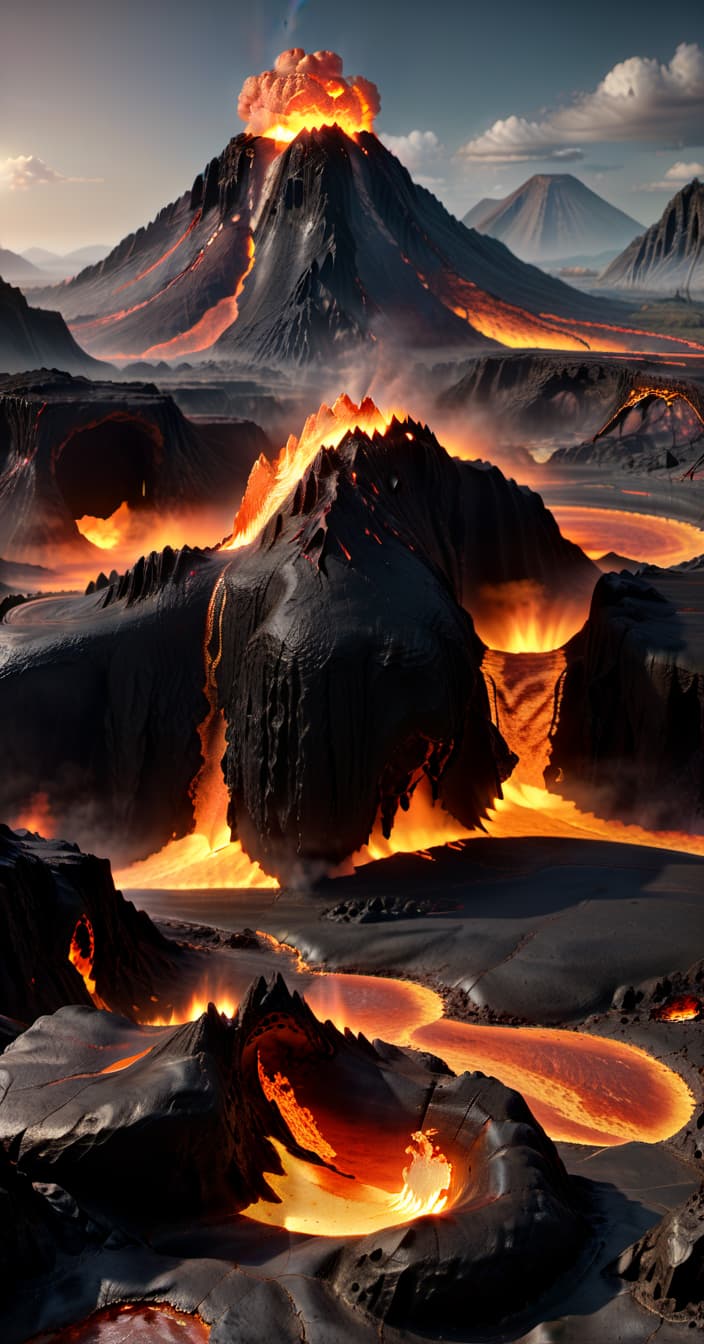  professional 3d model fire biome, magma, lava, lava rivers, volcanoes . octane render, highly detailed, volumetric, dramatic lighting, civitai, hkmagic