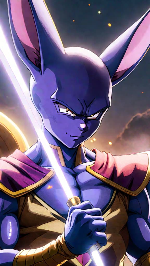  anime art: beerus of dragon ball super hints at his involvement in the saiyan race's fate. hyperrealistic, full body, detailed clothing, highly detailed, cinematic lighting, stunningly beautiful, intricate, sharp focus, f/1. 8, 85mm, (centered image composition), (professionally color graded), ((bright soft diffused light)), volumetric fog, trending on instagram, trending on tumblr, HDR 4K, 8K