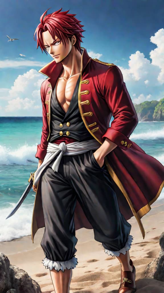  anime art: shanks acknowledges luffy's worthiness for the gum gum fruit due to his pirate king dream. hyperrealistic, full body, detailed clothing, highly detailed, cinematic lighting, stunningly beautiful, intricate, sharp focus, f/1. 8, 85mm, (centered image composition), (professionally color graded), ((bright soft diffused light)), volumetric fog, trending on instagram, trending on tumblr, HDR 4K, 8K