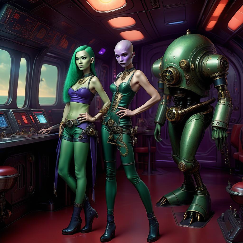  nautical themed a group of space pirates, a young alien of thai appearance, 20 year, purple skin, medium sized elastic , elegant thin waist, long slender legs, green hair. man, 40 year, small, fat, bald, black. next to the droid and minotaur. full length image, steampunk, dieselpunk, paropunk, standing in a space tavern, against a background of red light. . sea, ocean, ships, maritime, beach, marine life, highly detailed