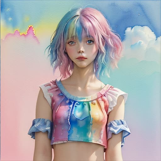  best quality,(masterpiece:1.3),ultra detailed,1girl,abstract watercolor painting of a little girl,(cowboy shot),scales,rainbow colors :1,colorful hair,blue and pink tone colors,abstract watercolor painting of cartoon clouds with emoji,rainbow colors,gradien