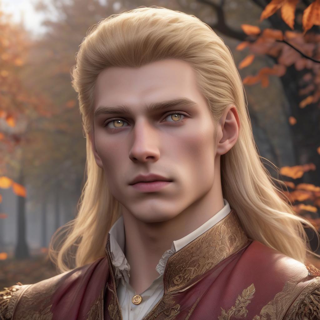  hyperrealistic art a tall, courageous young man, blond with long blond hair, and pale cherry eyes, predatory, stern, seductive look, full of pride, strong willed chin, sunken cheeks and high cheekbones, smooth face, in autumn aristocratic clothes, in autumn atmosphere, hyperrealism, good quality, clear lines, 8k, hdr, hdrs+, . extremely high resolution details, photographic, realism pushed to extreme, fine texture, incredibly lifelike