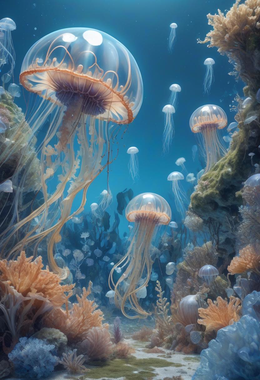  the photo of a surreal jellyfish machine floating in the left and right corners of the photo is clearly visible against the background of middleton and blue coral reefs with a landscape, organic shapes made of translucent materials and metallic shades, against the background of an alien blue sky. the scene includes wildflowers and other natural elements that seem to dissolve into shapes, creating a fabulous atmosphere. in the foreground is a scattering of small stones covered with moss like patterns that add depth to the composition, blue tones