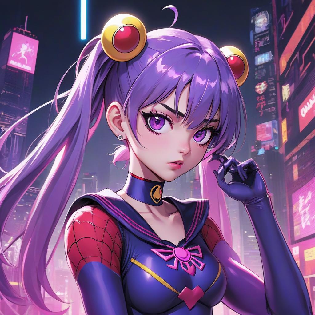  anime artwork anime style, gothic style, girl with purple hair, girl with one ponytail, bandage on one eye, sailor moon costume, gothic makeup, cyberpunk, neon, gwen stacy costume, spider, spider man, frowny face . anime style, key visual, vibrant, studio anime, highly detailed, hkmagic