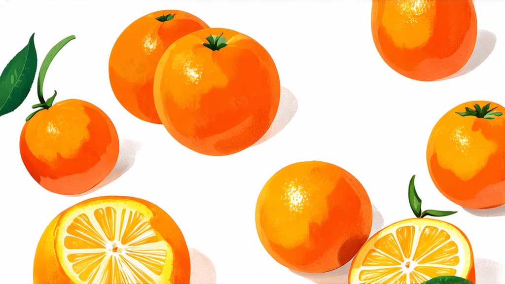  flat illustration, flaticon, (illustration:1.15), tangerines isolated on white background ar 16:9, [cory loftis, strobist, pascal campion :: 0.2]