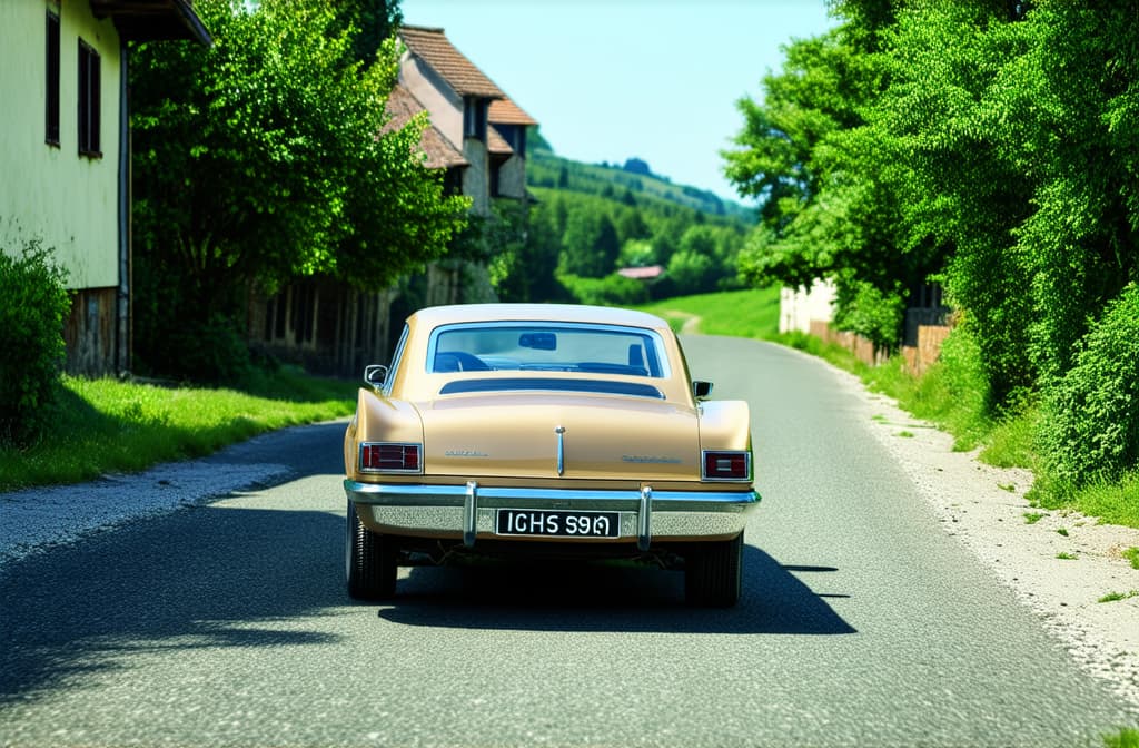  retro beige car driving along a small village street, small houses on the sides of the road, view from afar ar 3:2 {prompt}, maximum details