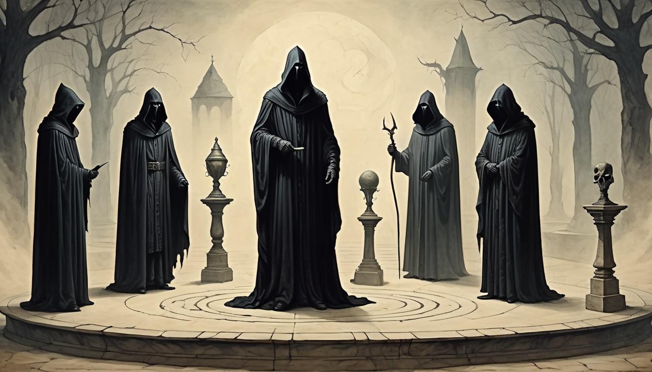  on parchment, surrealism+++, group of dark cloaked figures staring in confusion at an empty pedestal, unexpected absence, hollow mood(mysterious, provocative, symbolic,muted color)+++