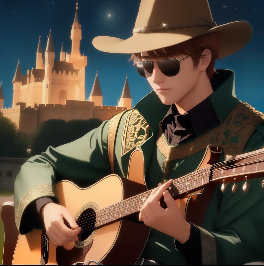  A 17-year old fantasy cowboy playing an acoustic guitar in front of a royal castle., ((best quality)), ((masterpiece)), highly detailed, absurdres, HDR 4K, 8K