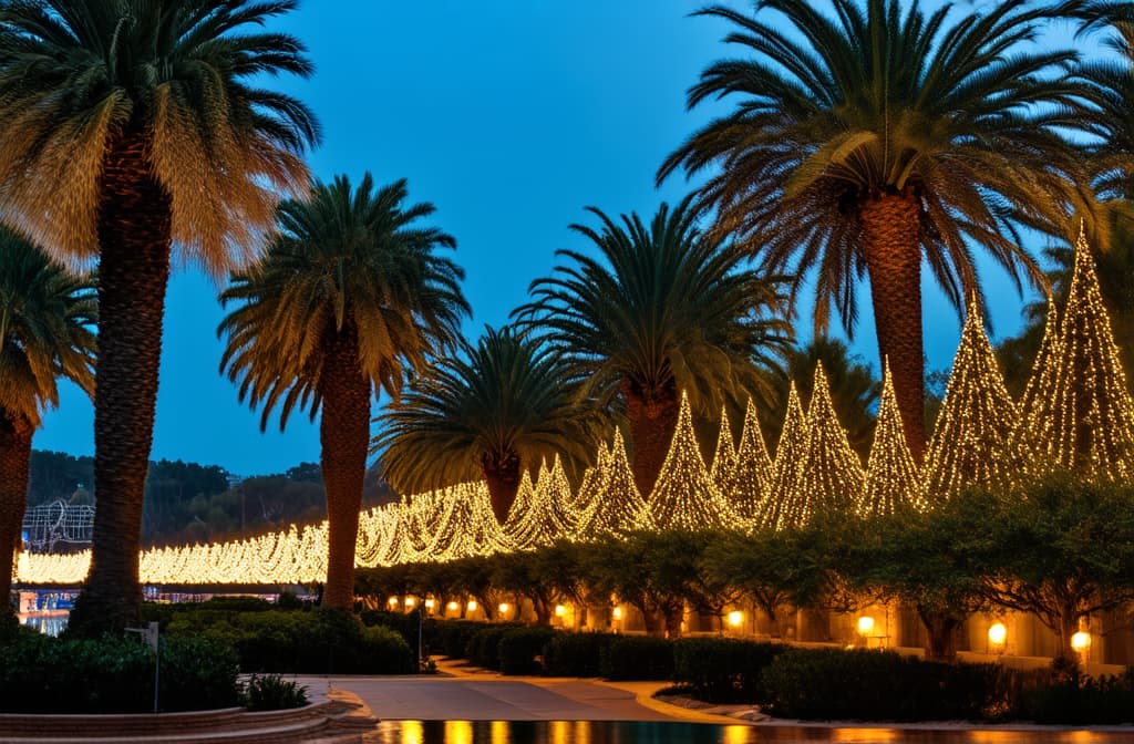  professional detailed photography, the embankment with many palm trees decorated with luminous garlands for christmas ar 3:2, (muted colors, dim colors, soothing tones), (vsco:0.3)