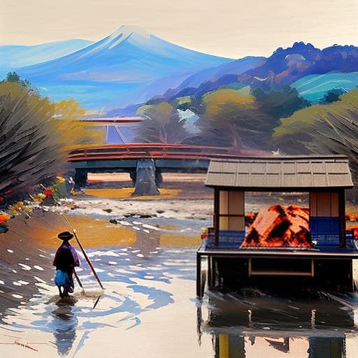 dvarchmodern a river, next to it a caravan of ancient japan with carts, happy people walking around, meat on bonfires, a guard standing in the middle, (rough brush strokes: 1.5), [soft impressionist brush strokes:1.2], blinding light, canvas texture, muted colors, by brent heighton, by richard schmid