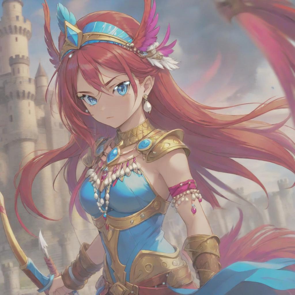  long exposure photo of portrait of strong rage amazonas queen archer. blue eye. long red hair. tilting head down, magenta mantle, shoulder pad feather, accessory necklace with pearls on the forehead, against the background of the castle siege . blurred motion, streaks of light, surreal, dreamy, ghosting effect, highly detailed, sticker, hkmagic