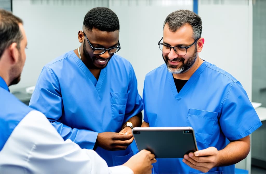  professional detailed photography, multiethnic doctors engaged in collaborative medical consultation, discuss patient disease diagnose or treatment plan, reviewing information, focusing on tablet. teamwork, modern tech in healthcare ar 3:2, (muted colors, dim colors, soothing tones), (vsco:0.3)