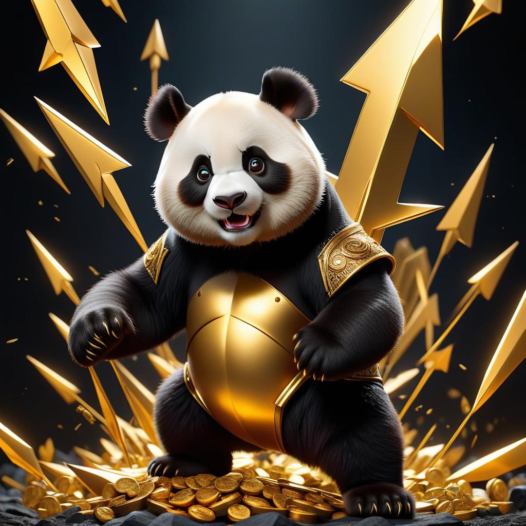  create a golden color picture in the center a cartoon brutal panda on the side arrows pointing the course up and down on a black background in m dollars hyperrealistic, full body, detailed clothing, highly detailed, cinematic lighting, stunningly beautiful, intricate, sharp focus, f/1. 8, 85mm, (centered image composition), (professionally color graded), ((bright soft diffused light)), volumetric fog, trending on instagram, trending on tumblr, HDR 4K, 8K