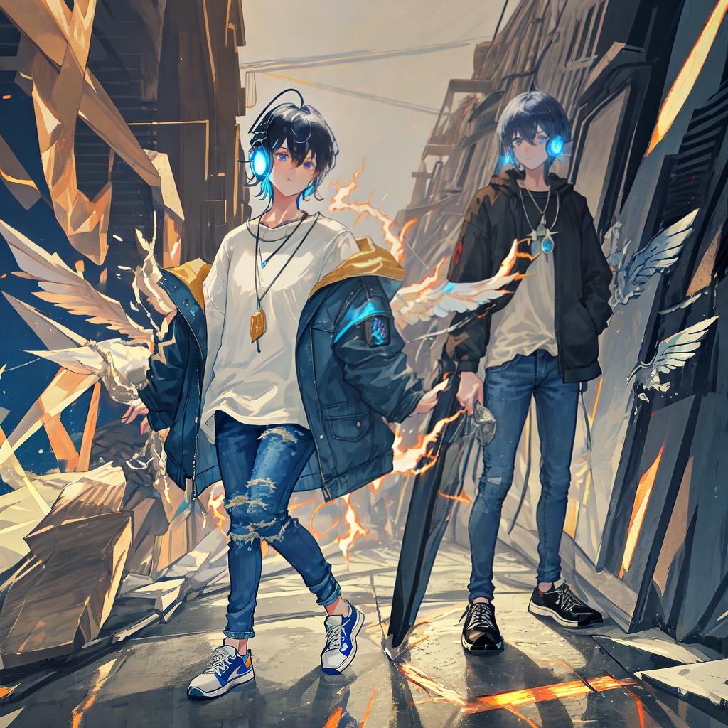  masterpiece, best quality, male, magician, glowing eyes, magic pupils, blackened, short hair, blue hair, slanted bangs, necklace, denim jacket, white shirt, sneakers, wings of ice and fire, wearing headphones, combat stance, illustration