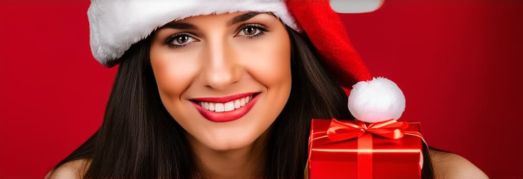  portrait of a beautiful young with dark long hair in a santa hat on a red background with a gift in her hands, free space for text on the right, plain background ar 3:1, (natural skin texture), highly detailed face, depth of field, hyperrealism, soft light, muted colors