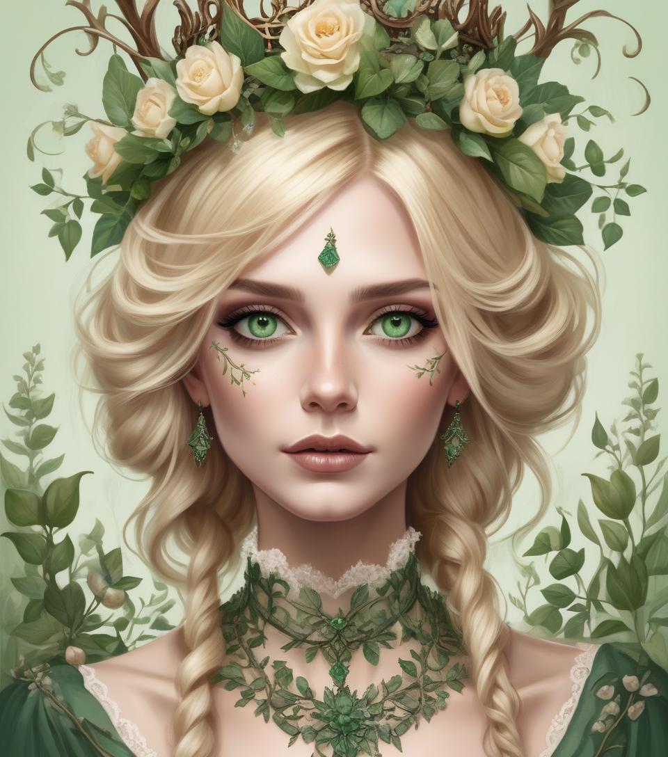  (photorealism:1.2), beautiful blonde woman in a victorian style dress, green on top and brown on the bottom, with beautiful flowers on top and vines around it, a jade green necklace and a crown of beautiful flowers and thorns, with makeup inspired by nature