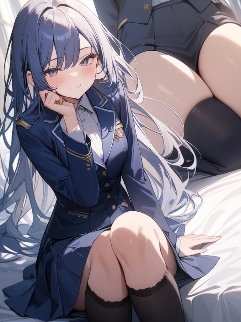  smile girl, dark blue blazer, uniform, mini , long hair, cute, dark blue high socks, masterpieces, winks, winks, waist ups, masterpiece, best quality,8k,ultra detailed,high resolution,an extremely delicate and beautiful,hyper detail