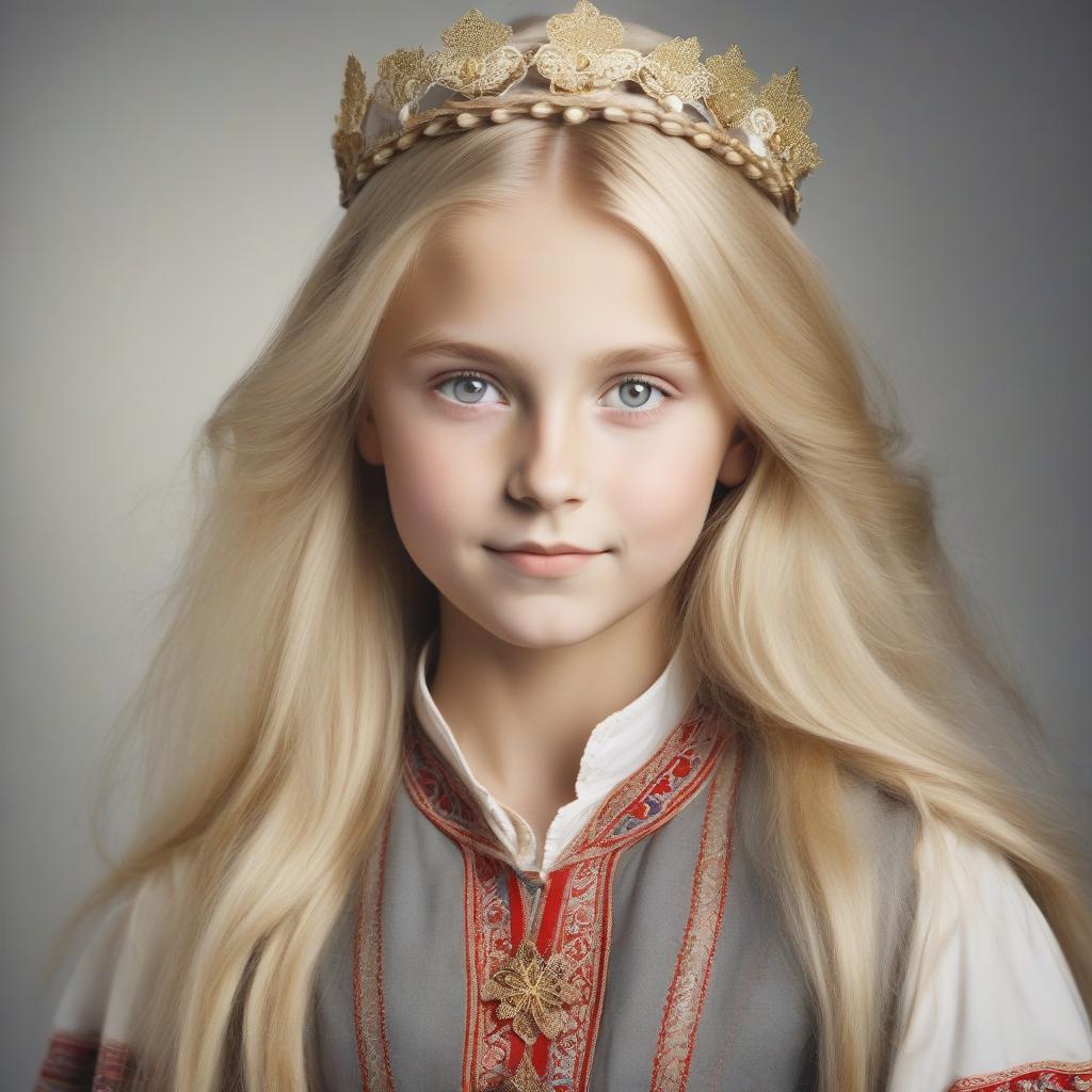  a girl of twenty with blonde hair, golden tint and light gray eyes, dressed in traditional norwegian clothes