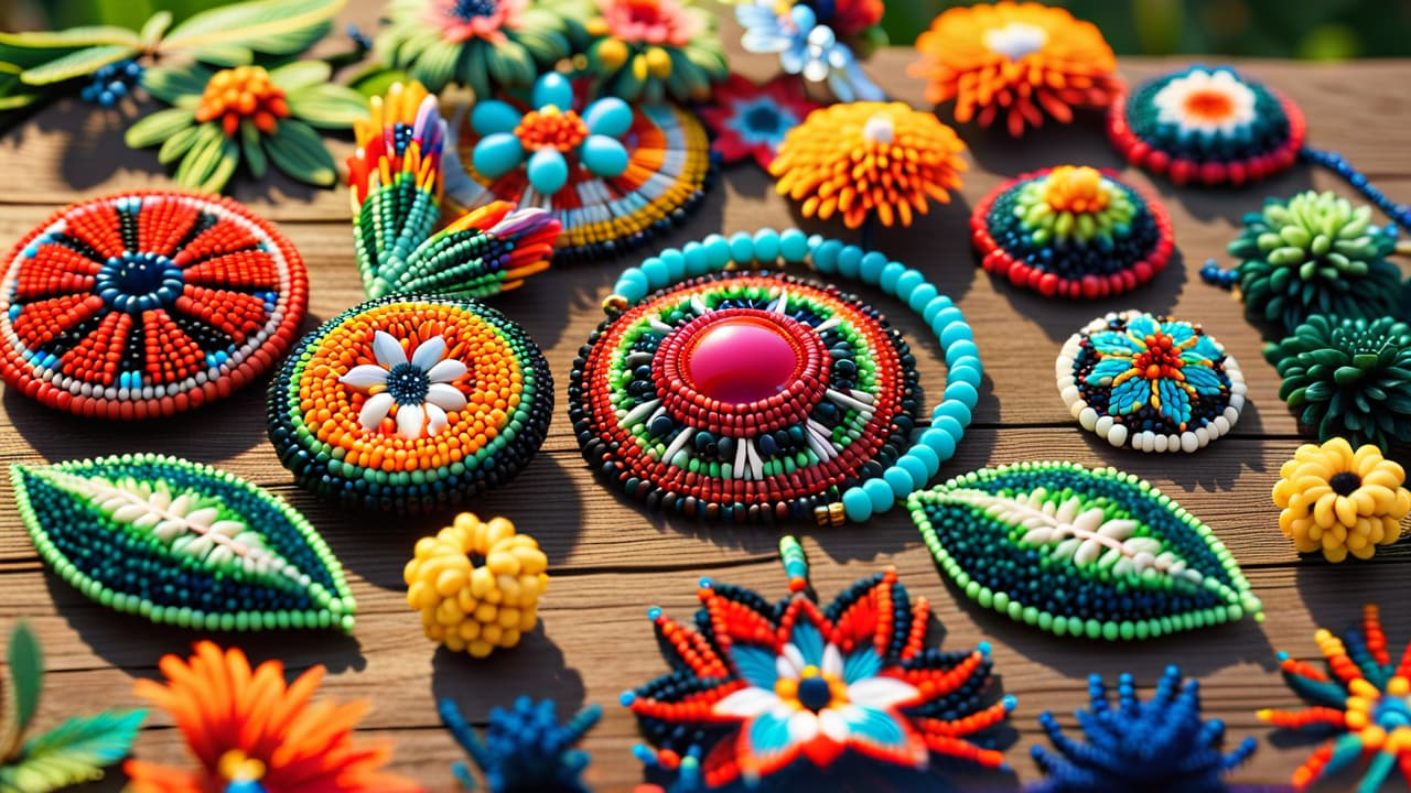  a vibrant array of intricately designed native american beadwork, showcasing colorful beads in patterns of nature, symbols of spirituality, and cultural heritage, displayed against a rustic wooden background. hyperrealistic, full body, detailed clothing, highly detailed, cinematic lighting, stunningly beautiful, intricate, sharp focus, f/1. 8, 85mm, (centered image composition), (professionally color graded), ((bright soft diffused light)), volumetric fog, trending on instagram, trending on tumblr, HDR 4K, 8K