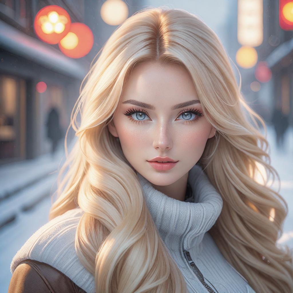  professional portrait photograph of a gorgeous norwegian girl in winter clothing with long wavy blonde hair, ((sultry flirty look)), freckles, beautiful symmetrical face, cute natural makeup, stunning modern urban upscale environment, ultra realistic, concept art, elegant, highly detailed, intricate, sharp focus, depth of field, f/1.8, 85mm, medium shot, mid shot, (centered image composition), (professionally color graded), ((bright soft diffused light)), volumetric fog, trending on instagram, trending on tumblr, hdr 4k, 8k, ((anime)) hyperrealistic, full body, detailed clothing, highly detailed, cinematic lighting, stunningly beautiful, intricate, sharp focus, f/1. 8, 85mm, (centered image composition), (professionally color graded), ((bright soft diffused light)), volumetric fog, trending on instagram, trending on tumblr, HDR 4K, 8K