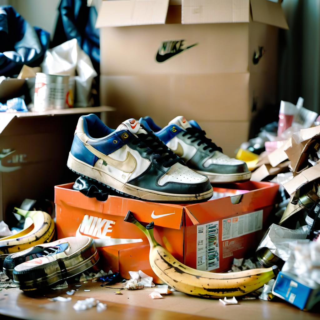  cinematic photo sneakers are the main part of the frame, there is garbage of various kinds of filth in the background, and the sneakers themselves will stand on a cardboard box with the nike logo on the right side, a couple of tin cans and banana skins will lie in the foreground, but they will only be partially visible so as not to overlap the view of the sneakers themselves, because that he is the basis of the whole frame . 35mm photograph, film, bokeh, professional, 4k, highly detailed, film photography style