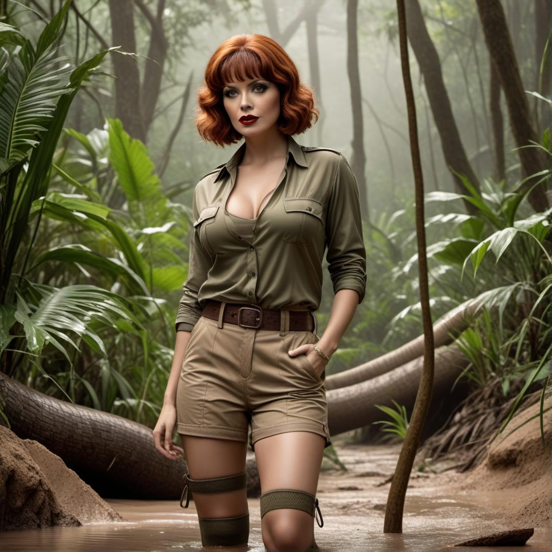  clara bow is a jungle explorer wearing khaki shorts and khaki shirt and khaki knee socks ,neck deep in muddy quicksand,as a snake slithers on her hyperrealistic, full body, detailed clothing, highly detailed, cinematic lighting, stunningly beautiful, intricate, sharp focus, f/1. 8, 85mm, (centered image composition), (professionally color graded), ((bright soft diffused light)), volumetric fog, trending on instagram, trending on tumblr, HDR 4K, 8K