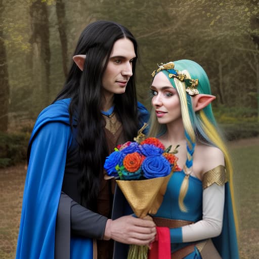  an elf man in a blue cape, with long black hair, gives a multi colored bouquet to an elf woman with golden long hair